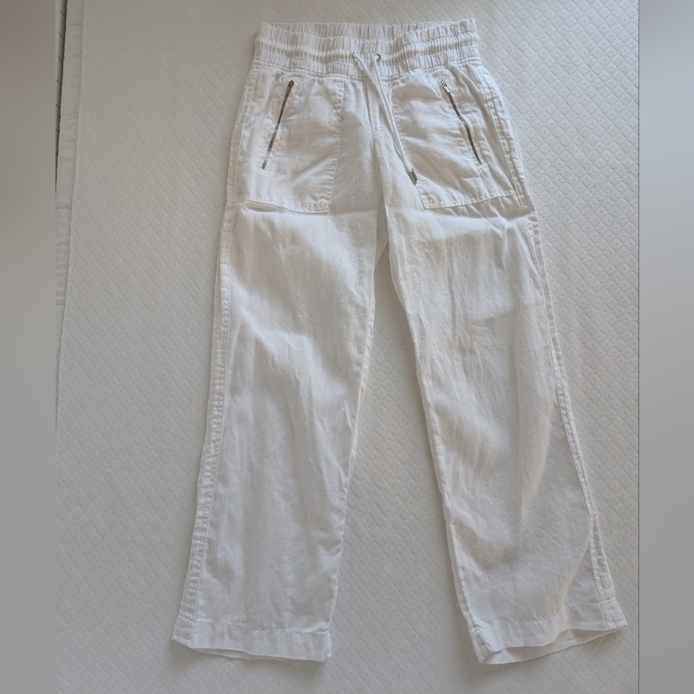 Athleta Cabo 100% Linen Wide Leg Pants Elastic waist Zip pockets, White, size 0 - Picture 8 of 15